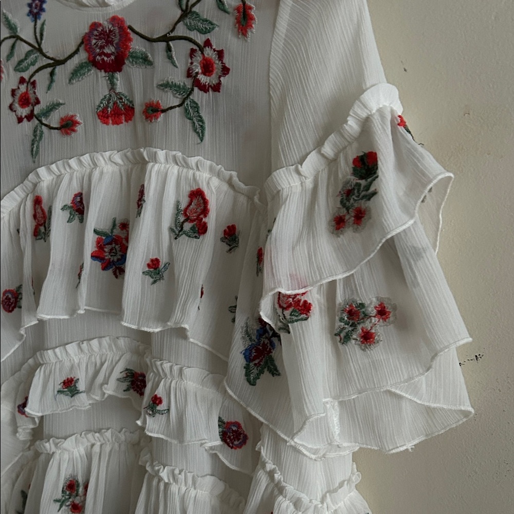 Zara Ivory Floral Whimsy Boho Embroidered Chiffon Tiered Lined Mini Dress Med - Picture 7 of 16